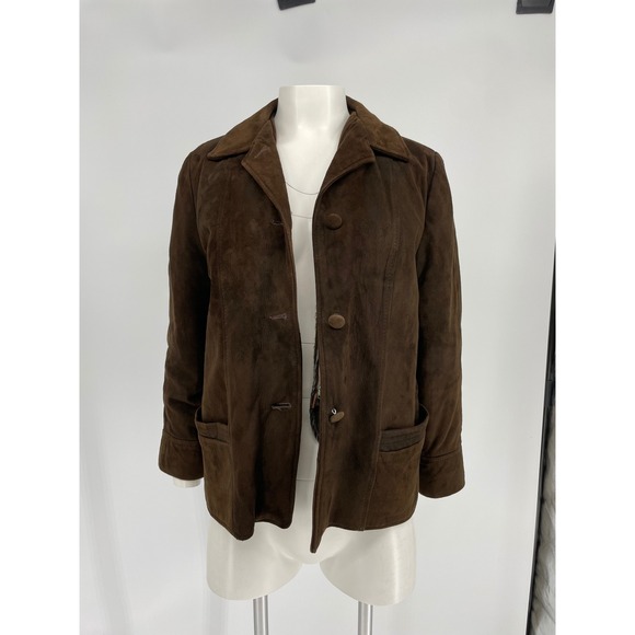 Womens Vintage Brown Suede Leather Jacket Zip Out Lining 70s M Button Up Blazer - Picture 2 of 14